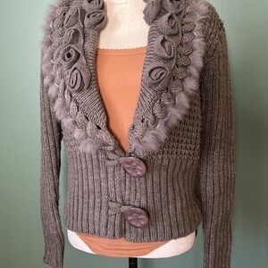 Women Sz M embellished brown flower fringe vneck wool knit  Sweater cardigan